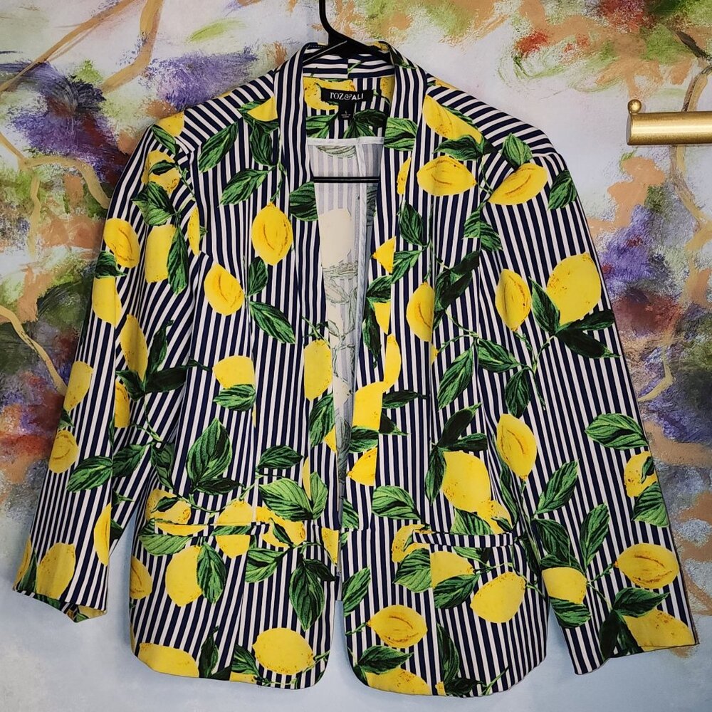 ROZ and Ali Women's Life and Lemons Print Blazer Jacket Striped Size L - Picture 1 of 8